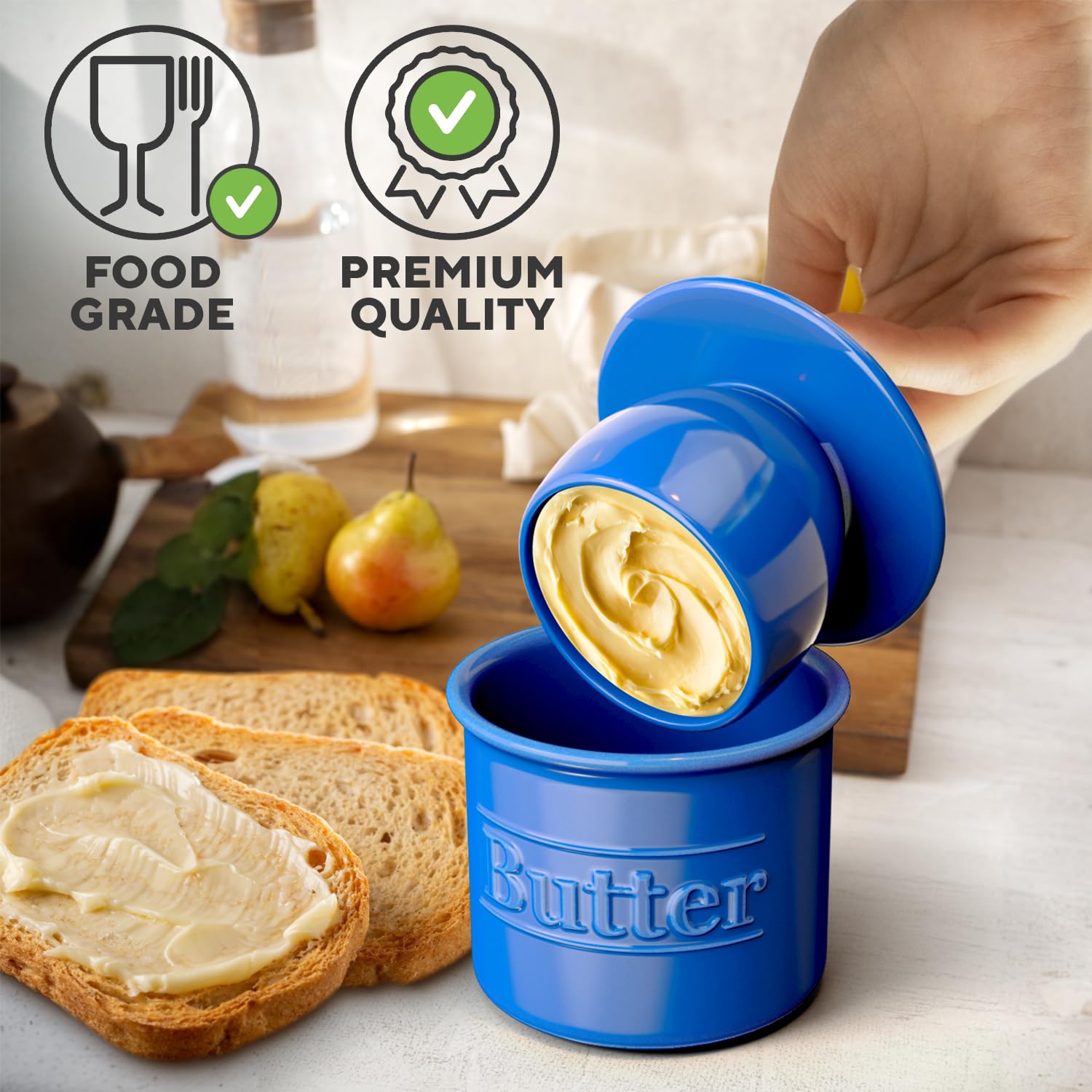 Benicci dark blue butter keeper showing water line and style.