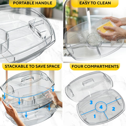 Benicci four-compartment layout keeps fruits, vegetables, and shrimp separated for easy dipping.