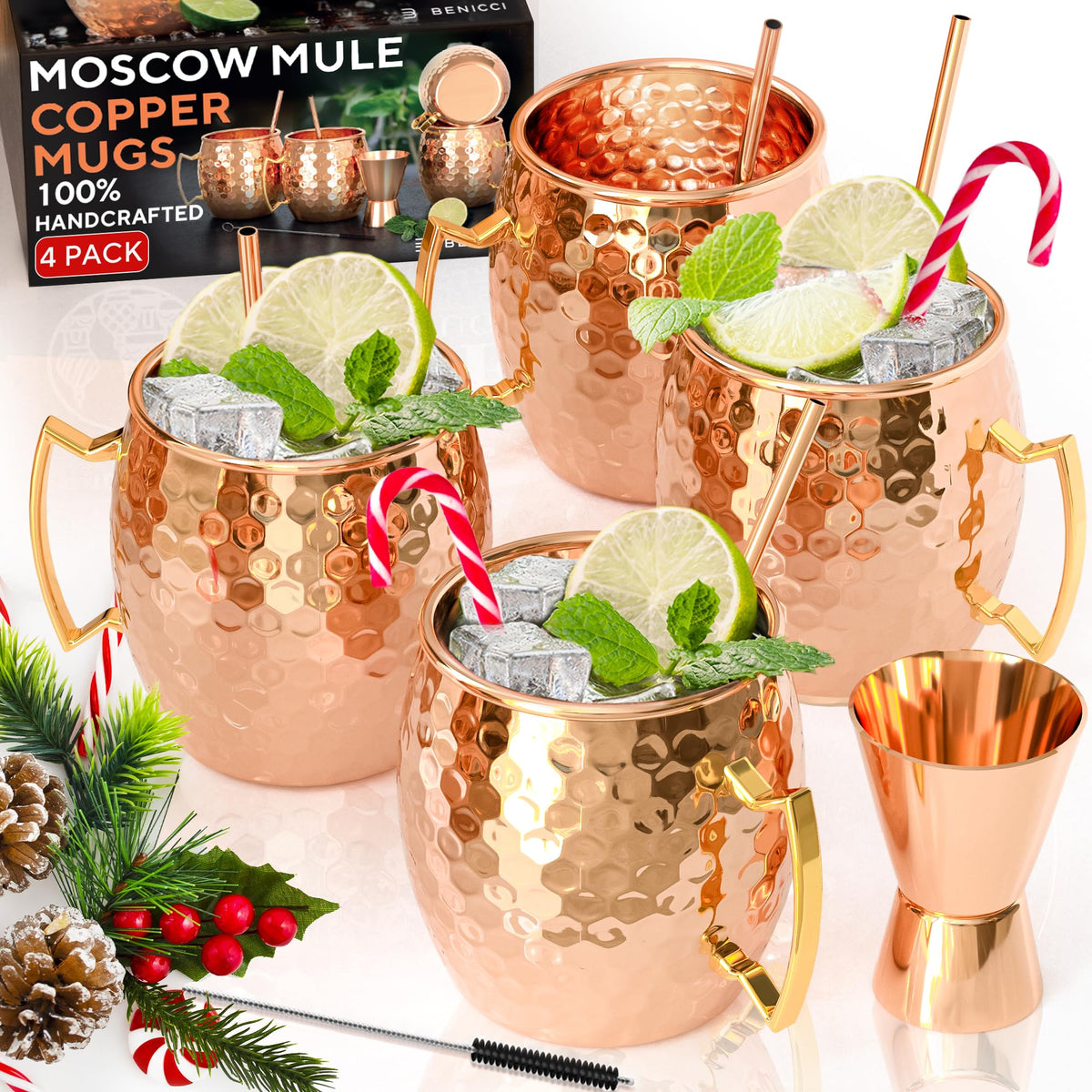 Benicci Moscow Mule copper mugs set of four with polished finish for stylish entertaining.