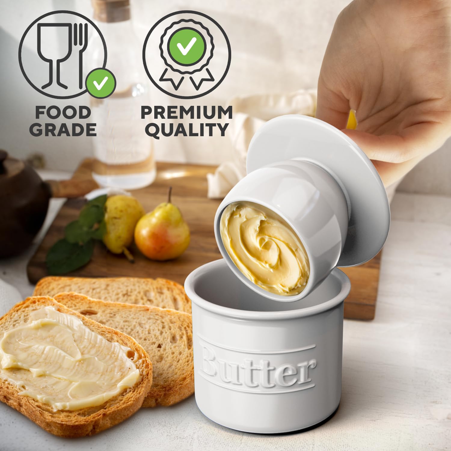 Benicci butter crock base white on countertop ready for use
