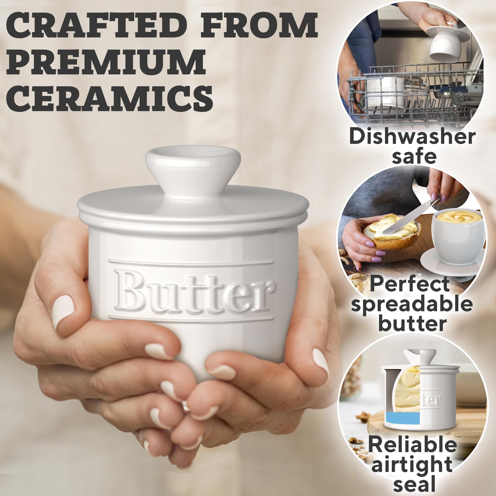 Benicci butter crock on counter display for easy access while cooking