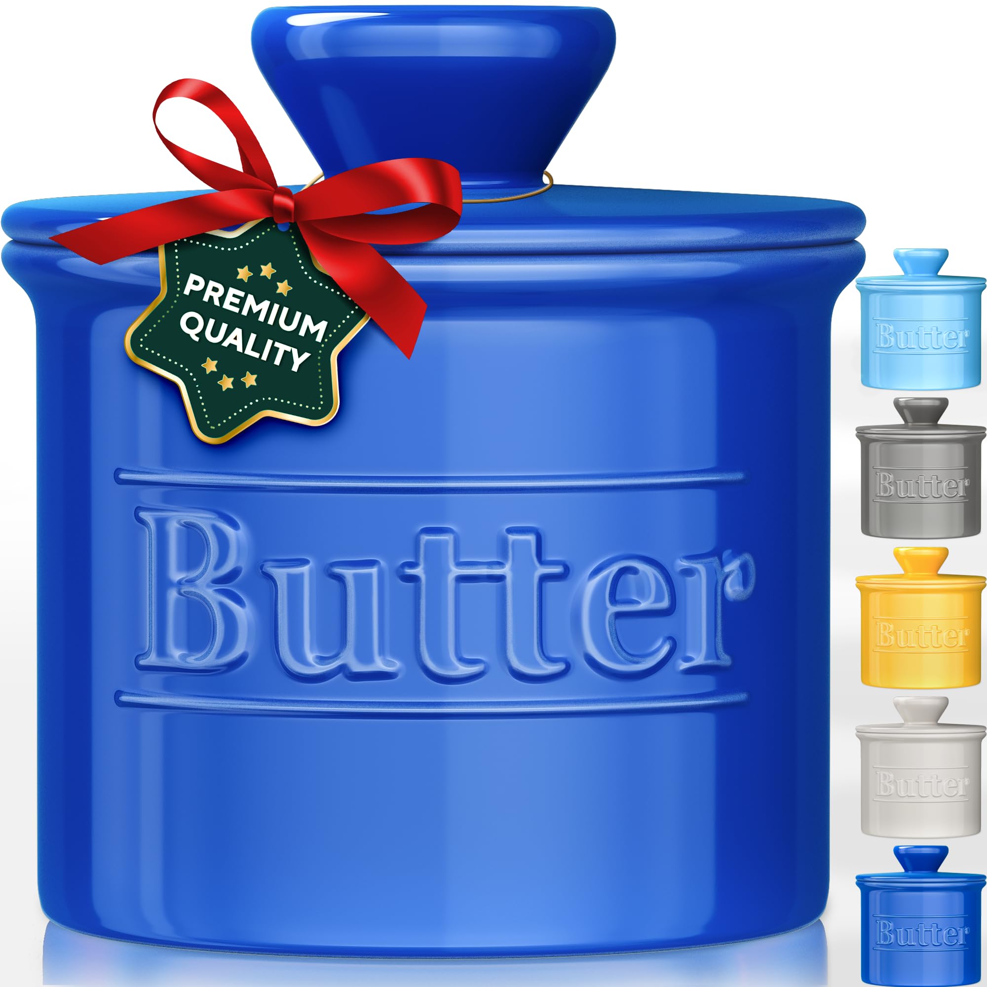 Benicci premium butter crock with lid on counter for easy access.