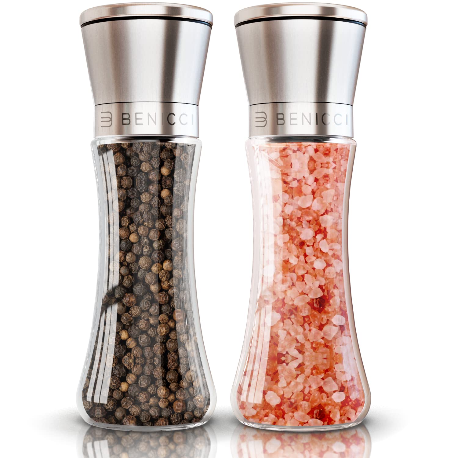 Benicci salt and pepper grinder set in stainless steel and glass for stylish tables.