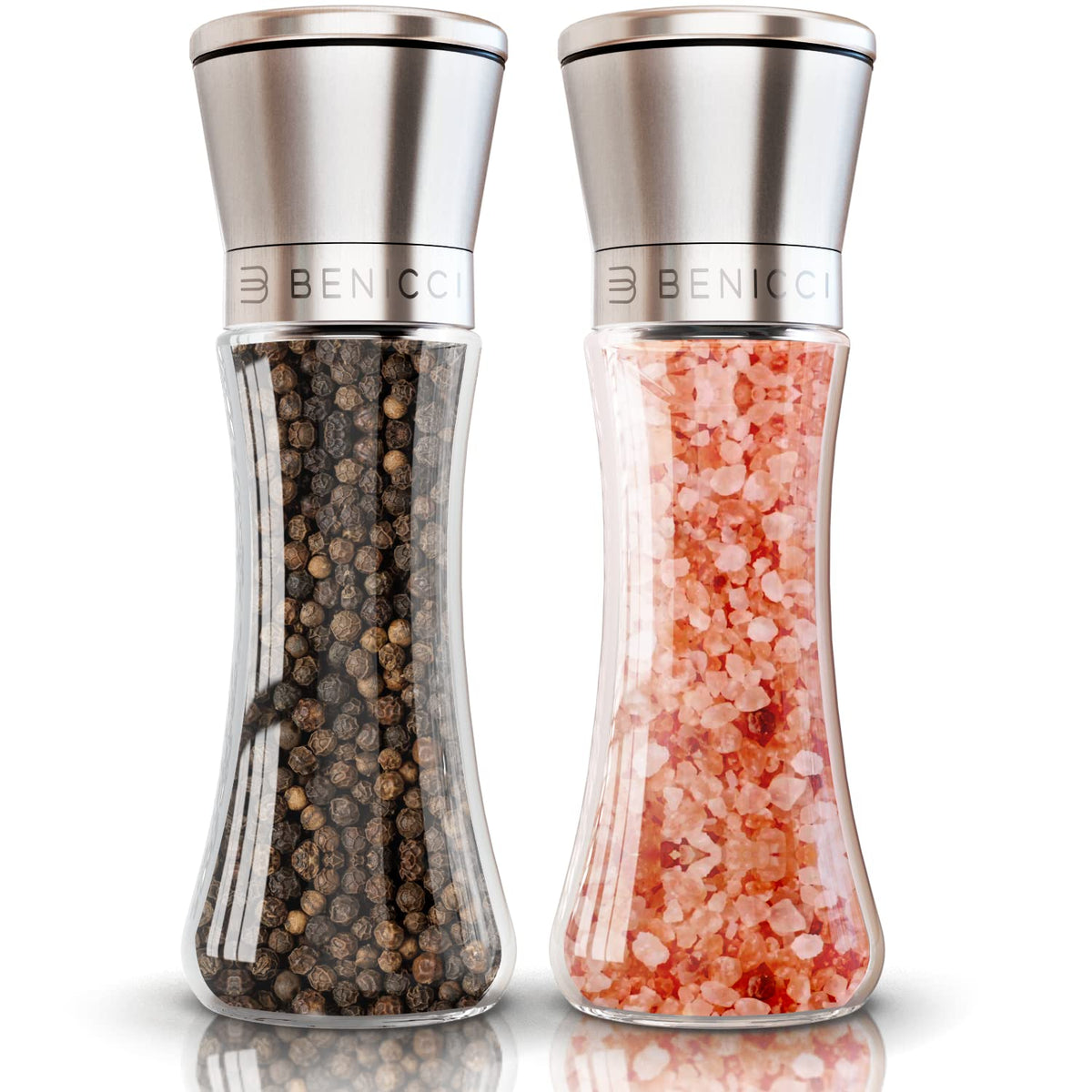 Benicci salt and pepper grinder set in stainless steel and glass for stylish tables.