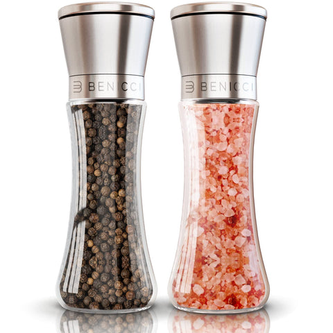 Benicci salt and pepper grinder set in stainless steel and glass for stylish tables.