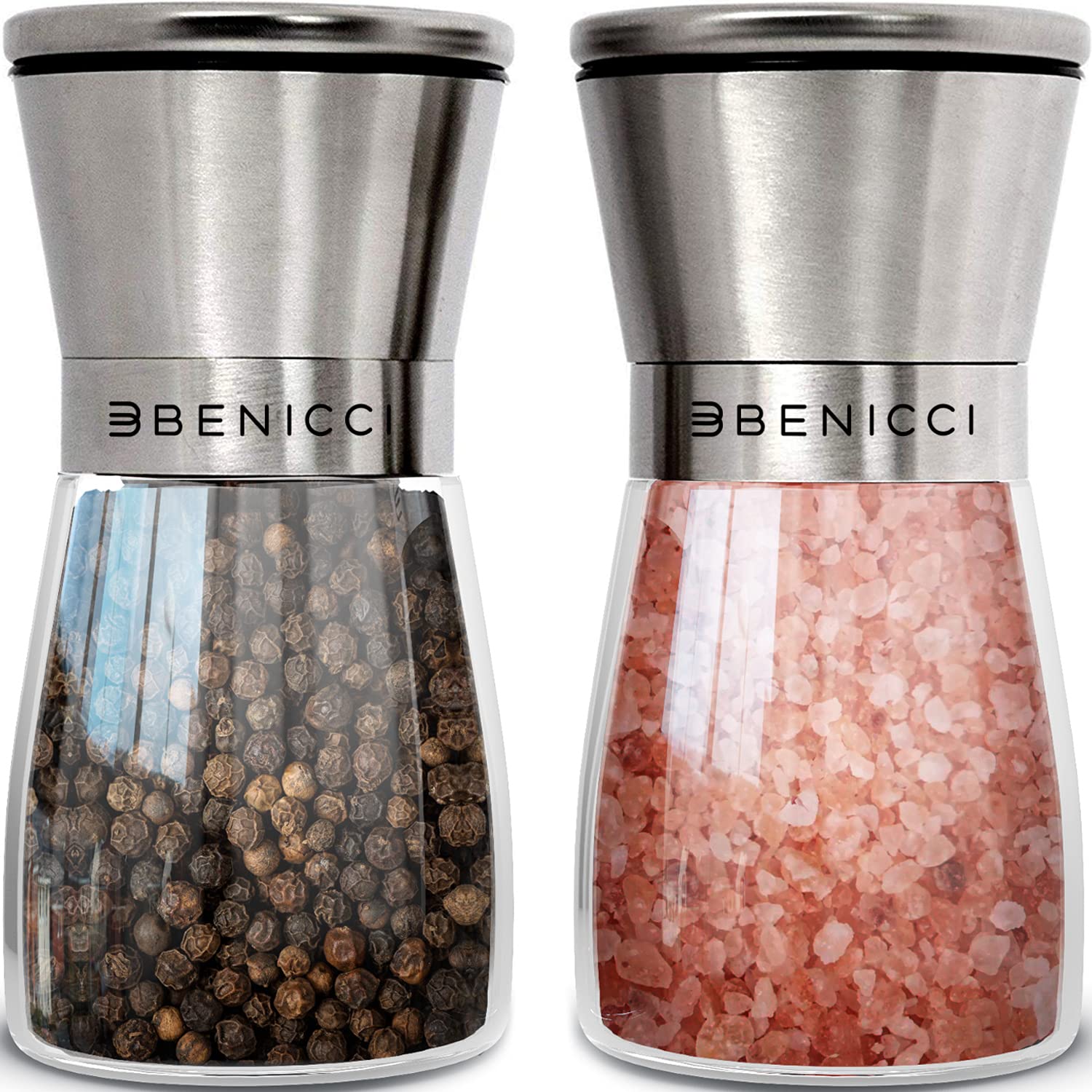 Benicci salt and pepper grinders in brushed stainless steel for table seasoning.
