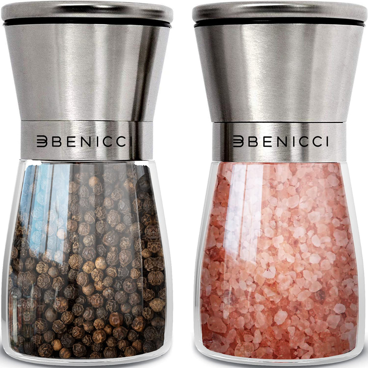 Benicci salt and pepper grinders in brushed stainless steel for table seasoning.