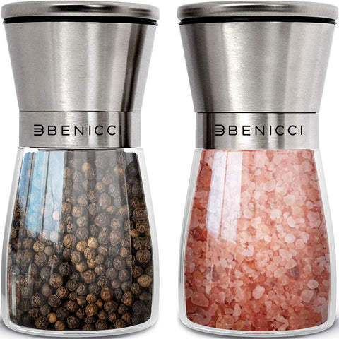 Benicci salt and pepper grinders in brushed stainless steel for table seasoning.