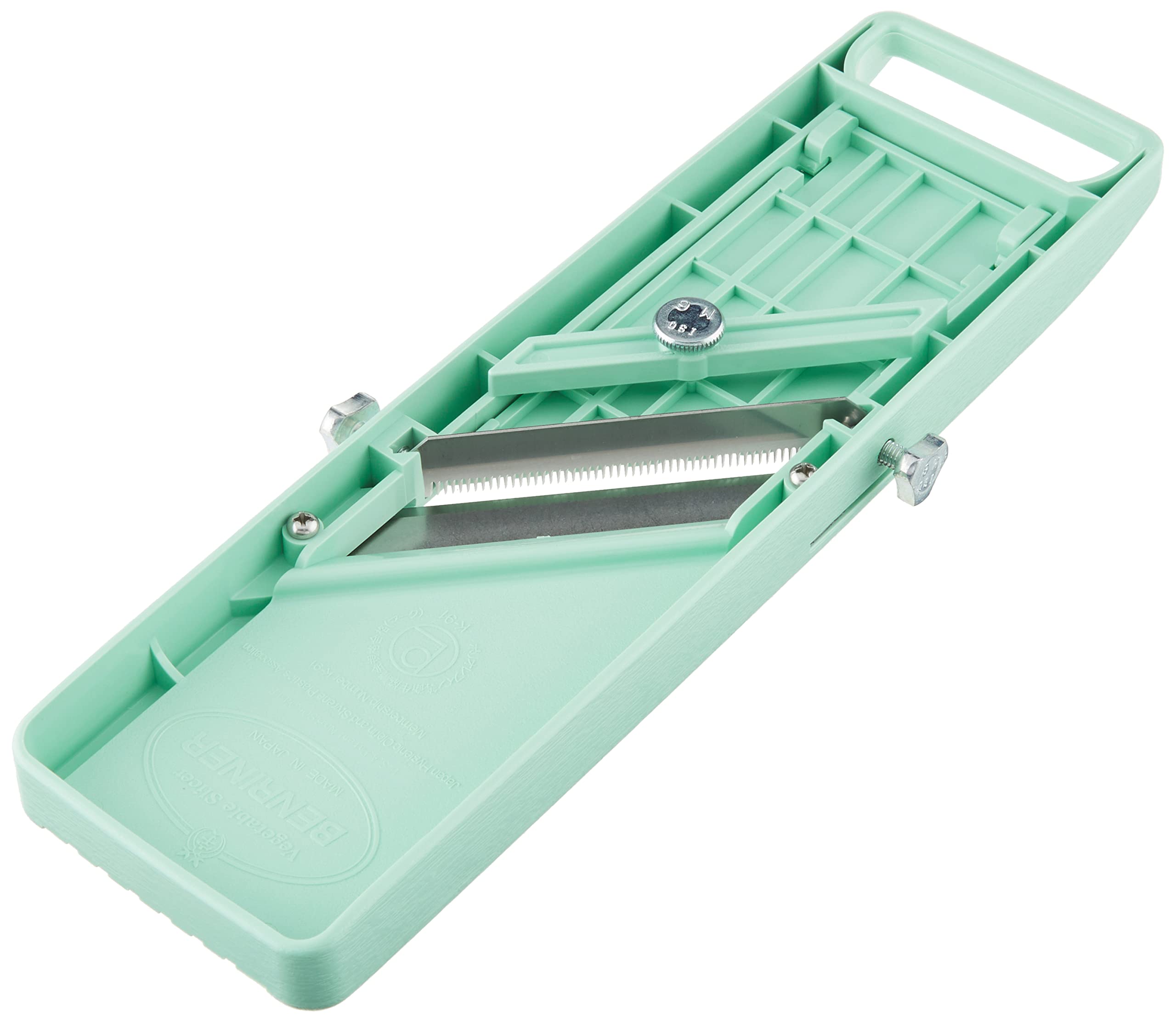 Benriner Vegetable Slicer Green blade close-up emphasizes sharpness for clean slices.