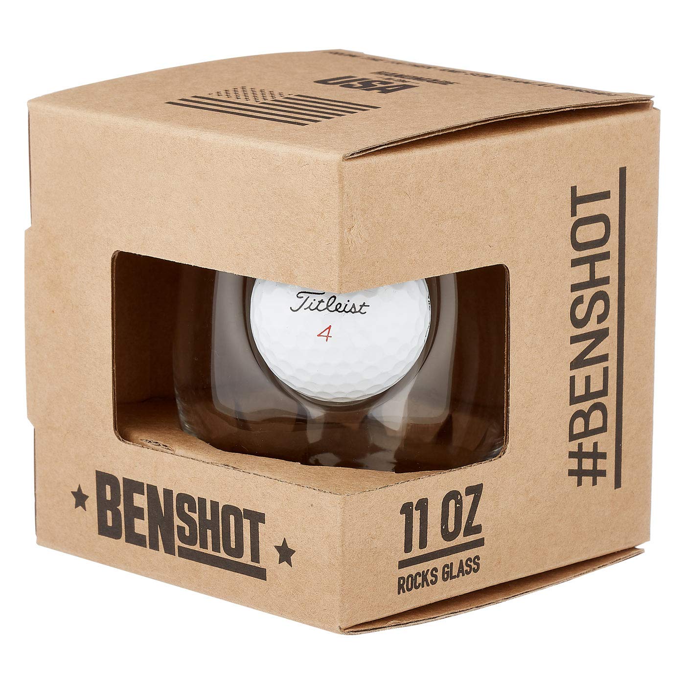 Close-up of embedded Titleist ball inside glass for whiskey lovers and collectors.