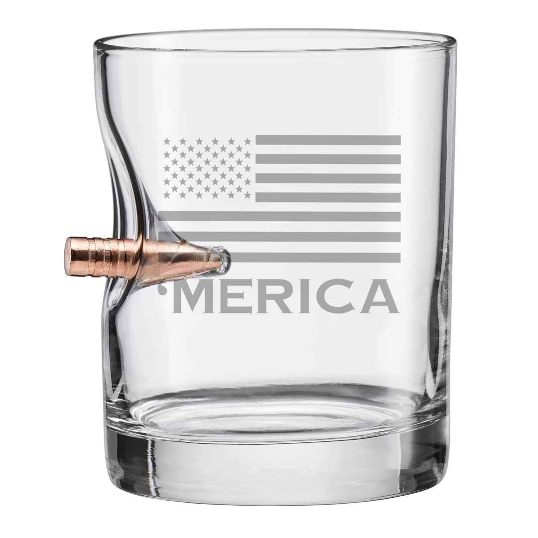 BenShot Merica rocks glass with real .308 bullet, bold pour and unique design