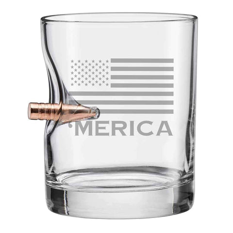 BenShot Merica rocks glass with real .308 bullet, bold pour and unique design