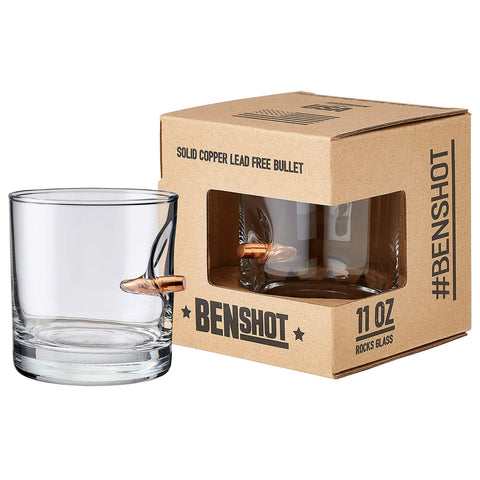 BenShot rocks glass close-up shows the embedded bullet for dramatic effect.