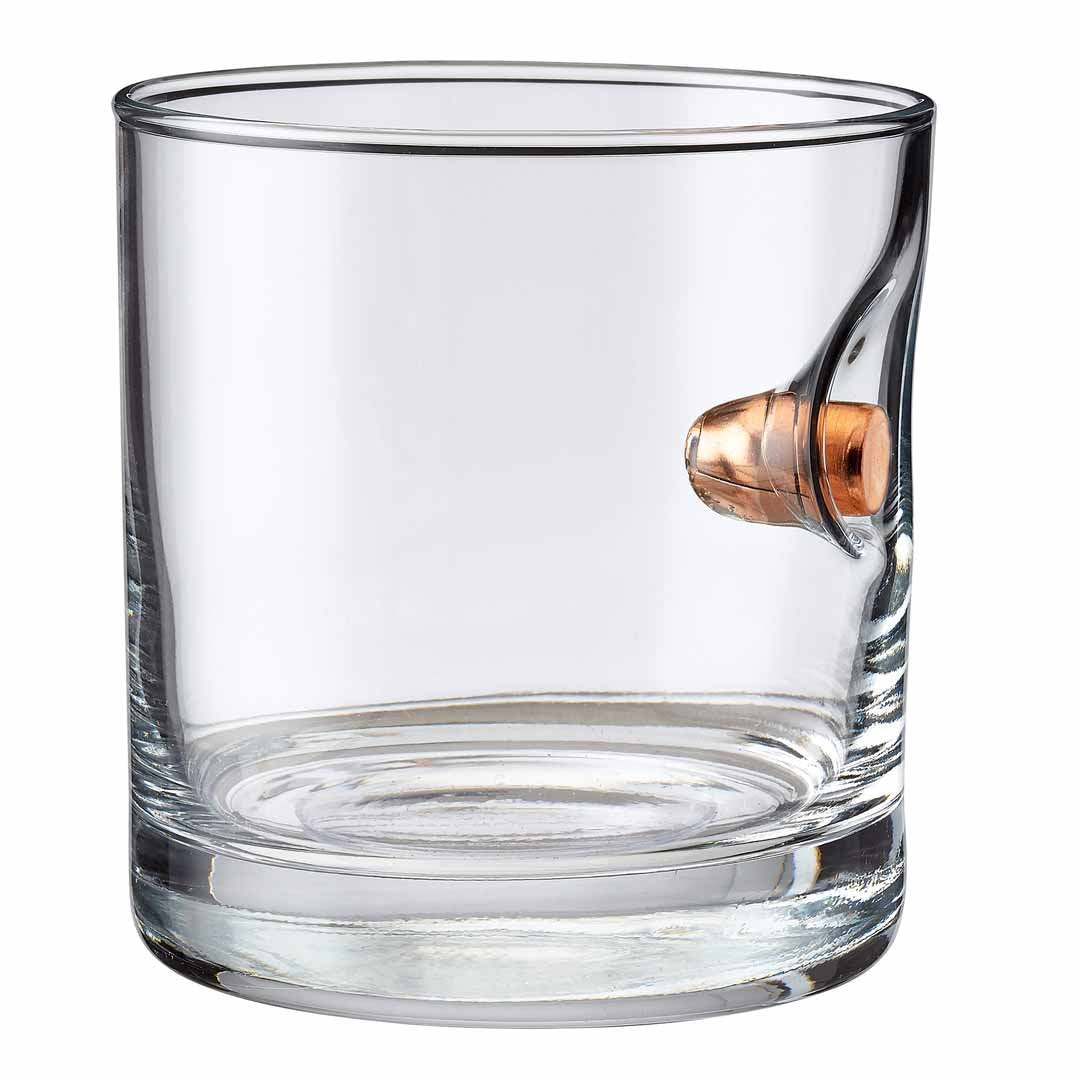 BenShot rocks glass with real 0.45ACP bullet for a distinctive whiskey experience.