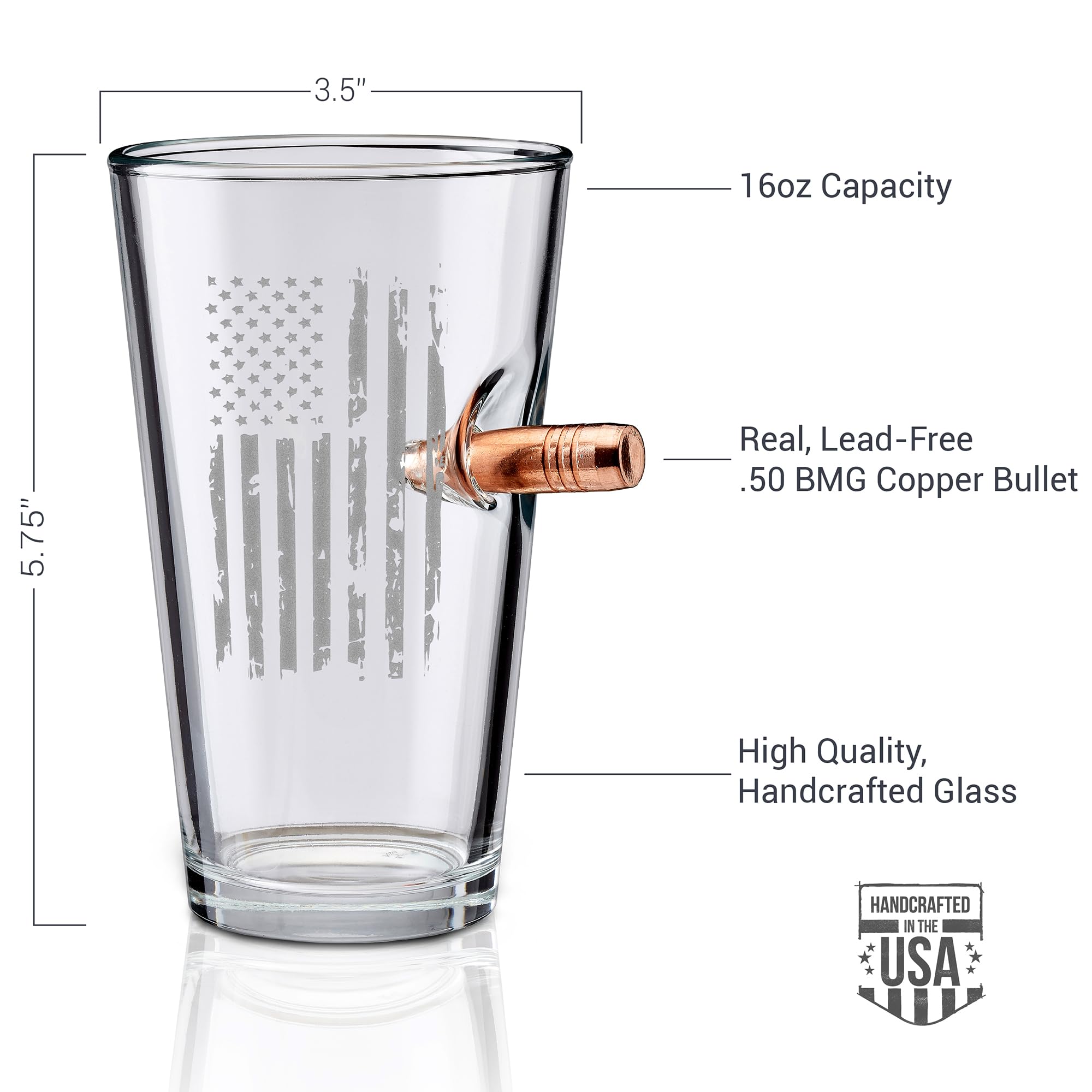 BenShot US Flag Pint Glass close-up shows the bullet and craftsmanship.