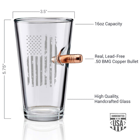 BenShot US Flag Pint Glass close-up shows the bullet and craftsmanship.