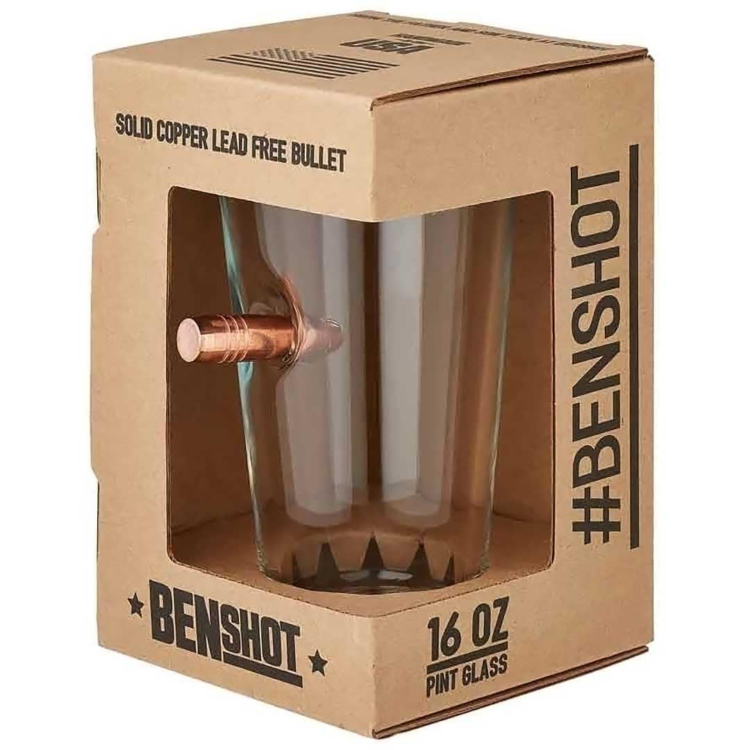 BenShot US Flag Pint Glass front view highlighting the real bullet safely embedded.