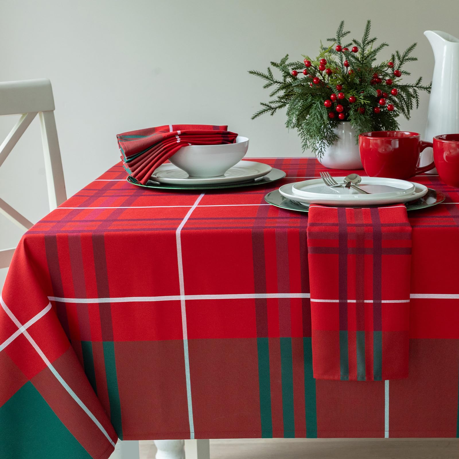 Benson Mills Bristol plaid tablecloth close-up weave highlighting rich holiday texture