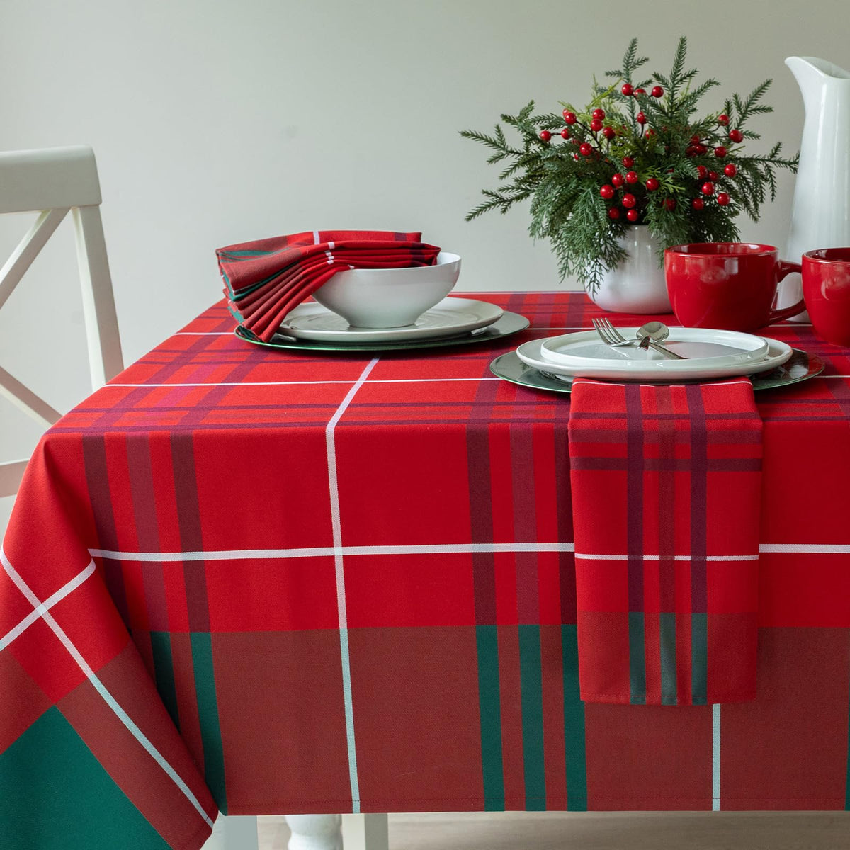 Benson Mills Bristol plaid tablecloth close-up weave highlighting rich holiday texture