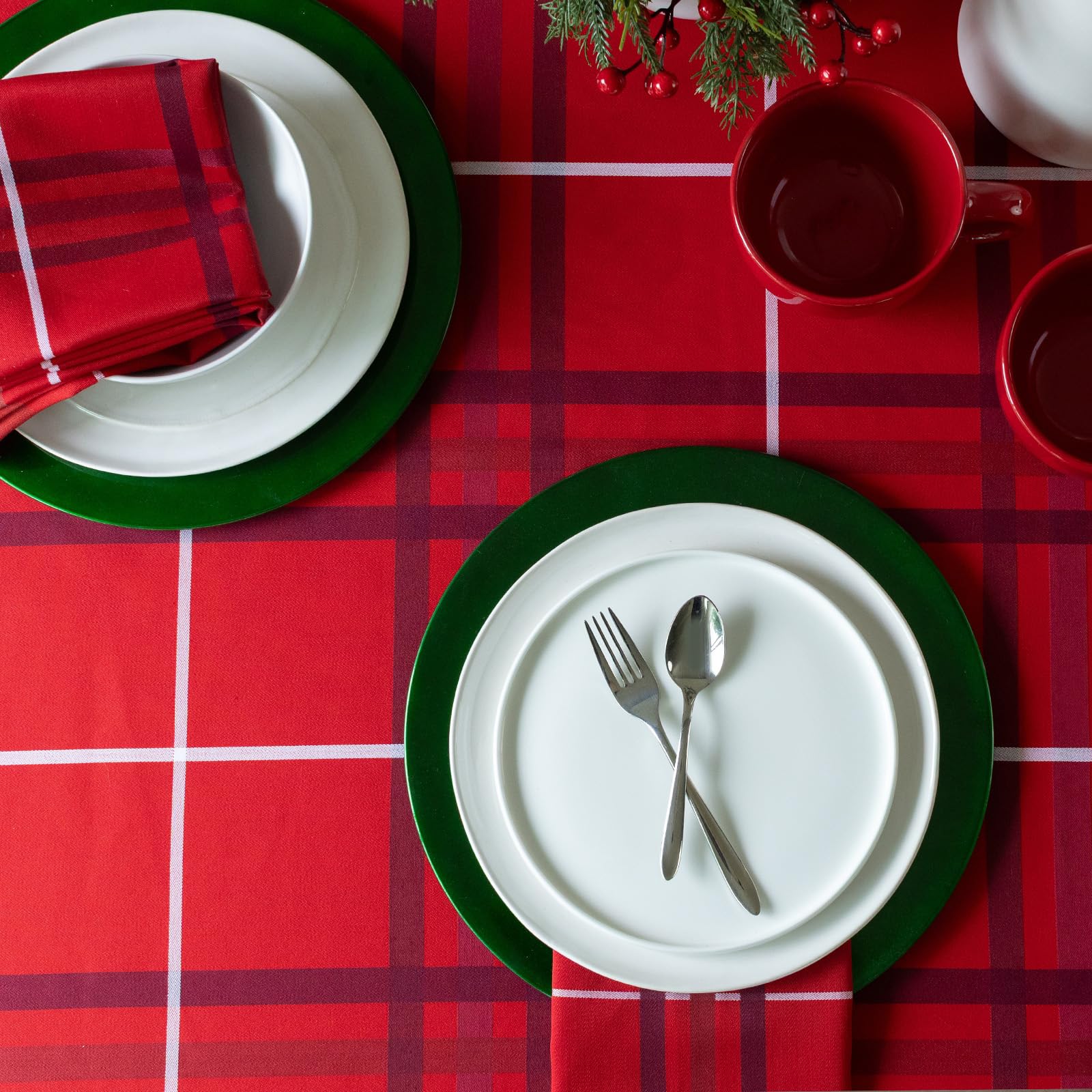 Table setting with Bristol plaid cloth and festive red gold silver accents