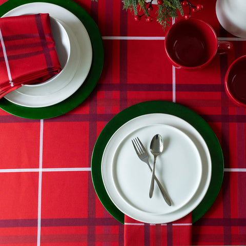 Table setting with Bristol plaid cloth and festive red gold silver accents