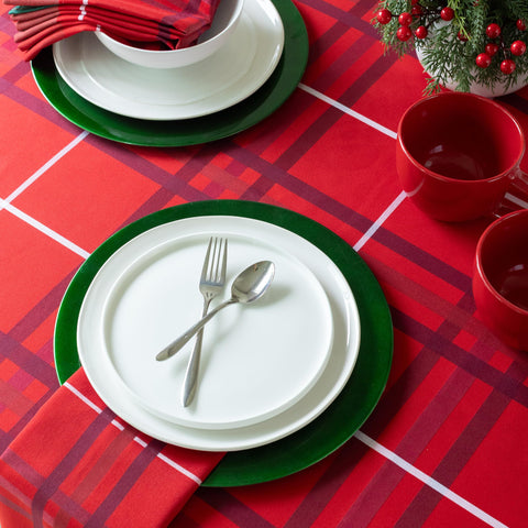 Winter entertaining scene featuring heavyweight Bristol plaid tablecloth backdrop