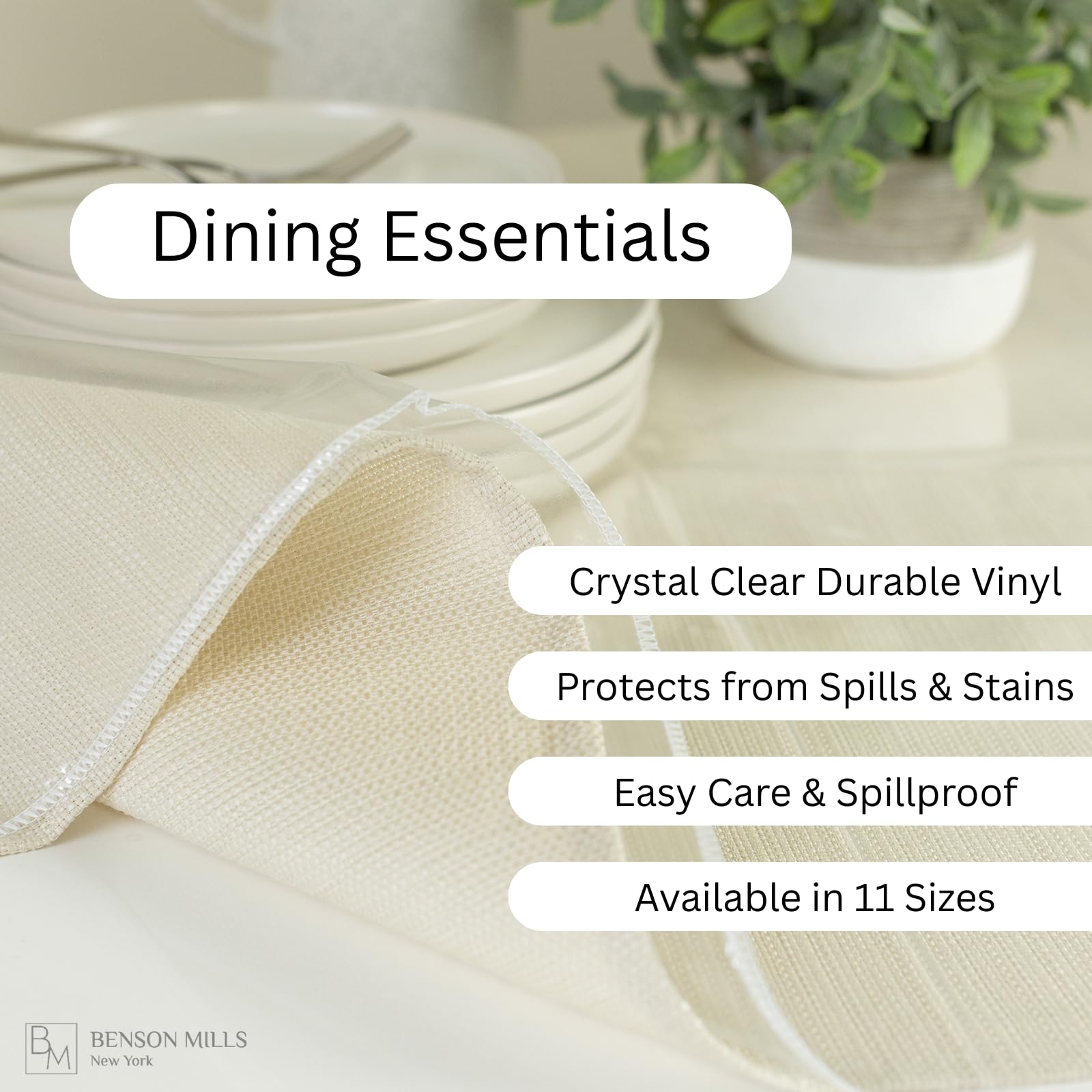 Benson Mills tablecloth protector with a clear edge finish to highlight table texture