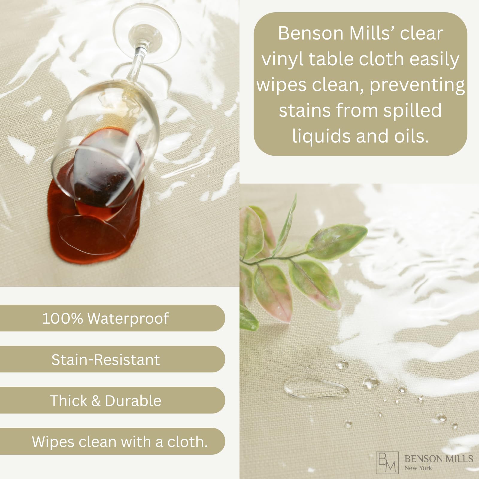 Benson Mills clear protective cover layered over linens during a dining setup
