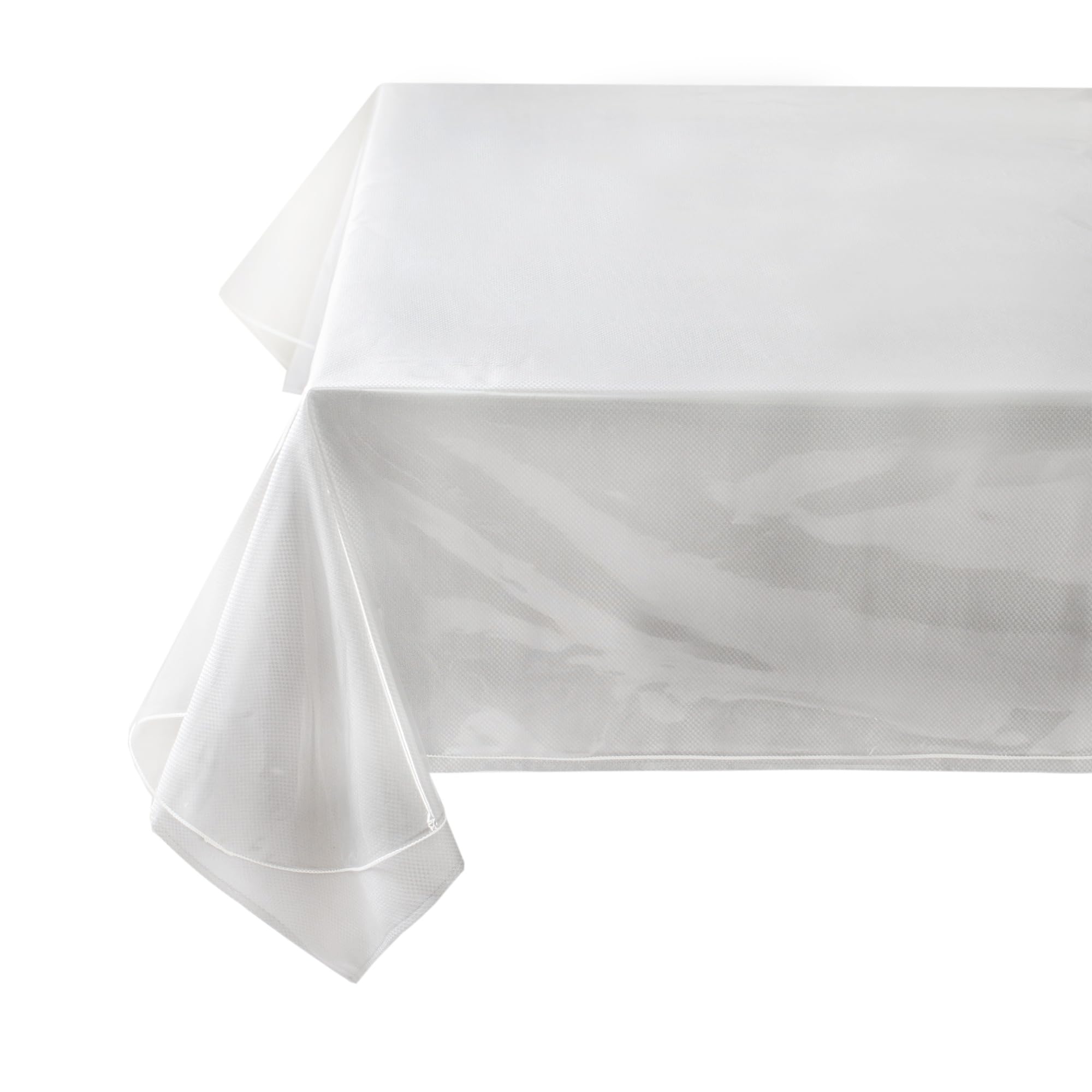 Benson Mills heavy duty crystal-clear tablecloth protecting a wood dining table from spills