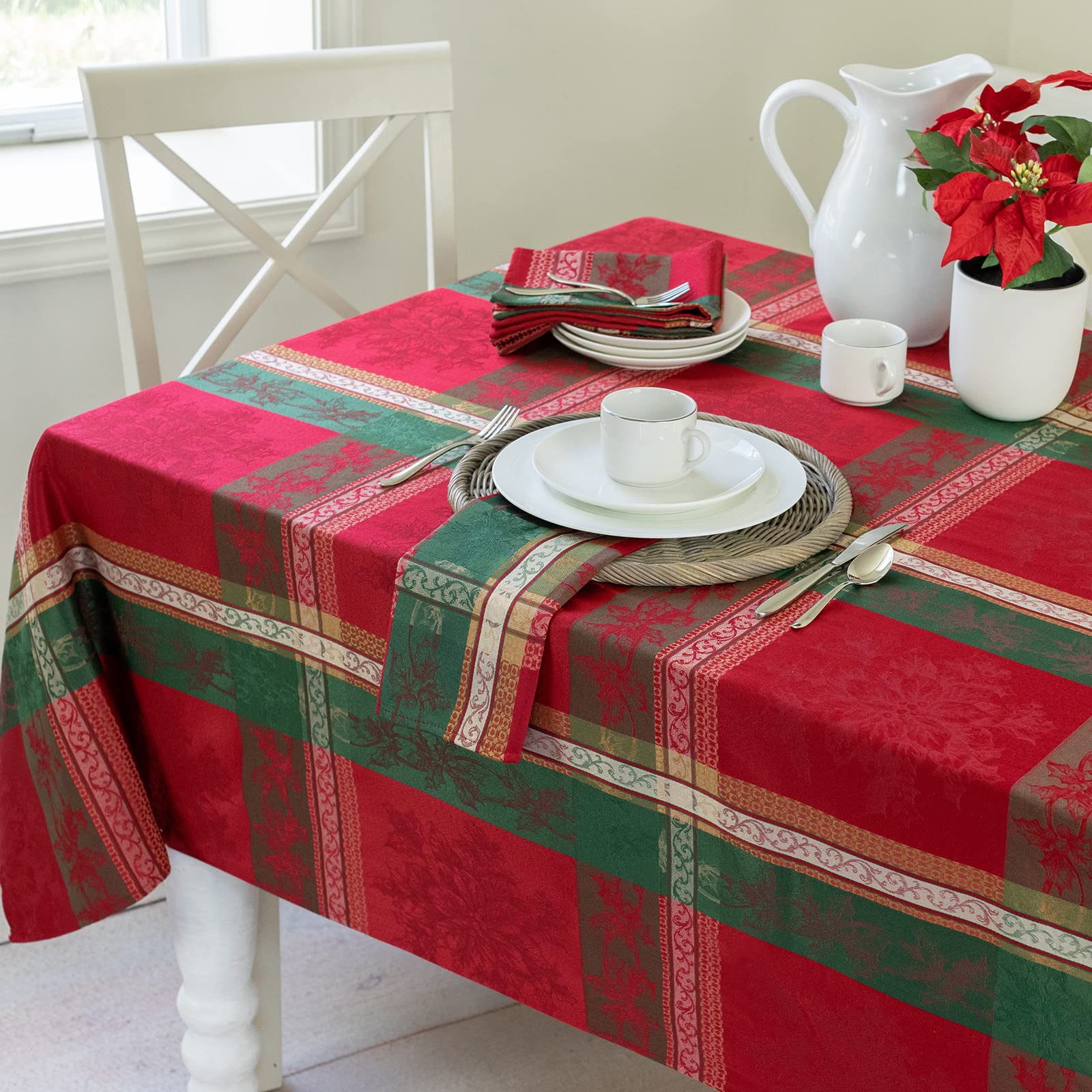 Benson Mills Holiday Legacy plaid tablecloth highlighting durable easy-care winter entertaining.