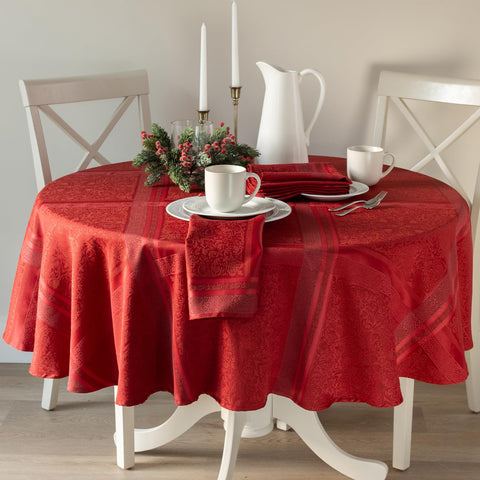 Benson Mills Ravenna round red tablecloth showing jacquard weave and durable feel