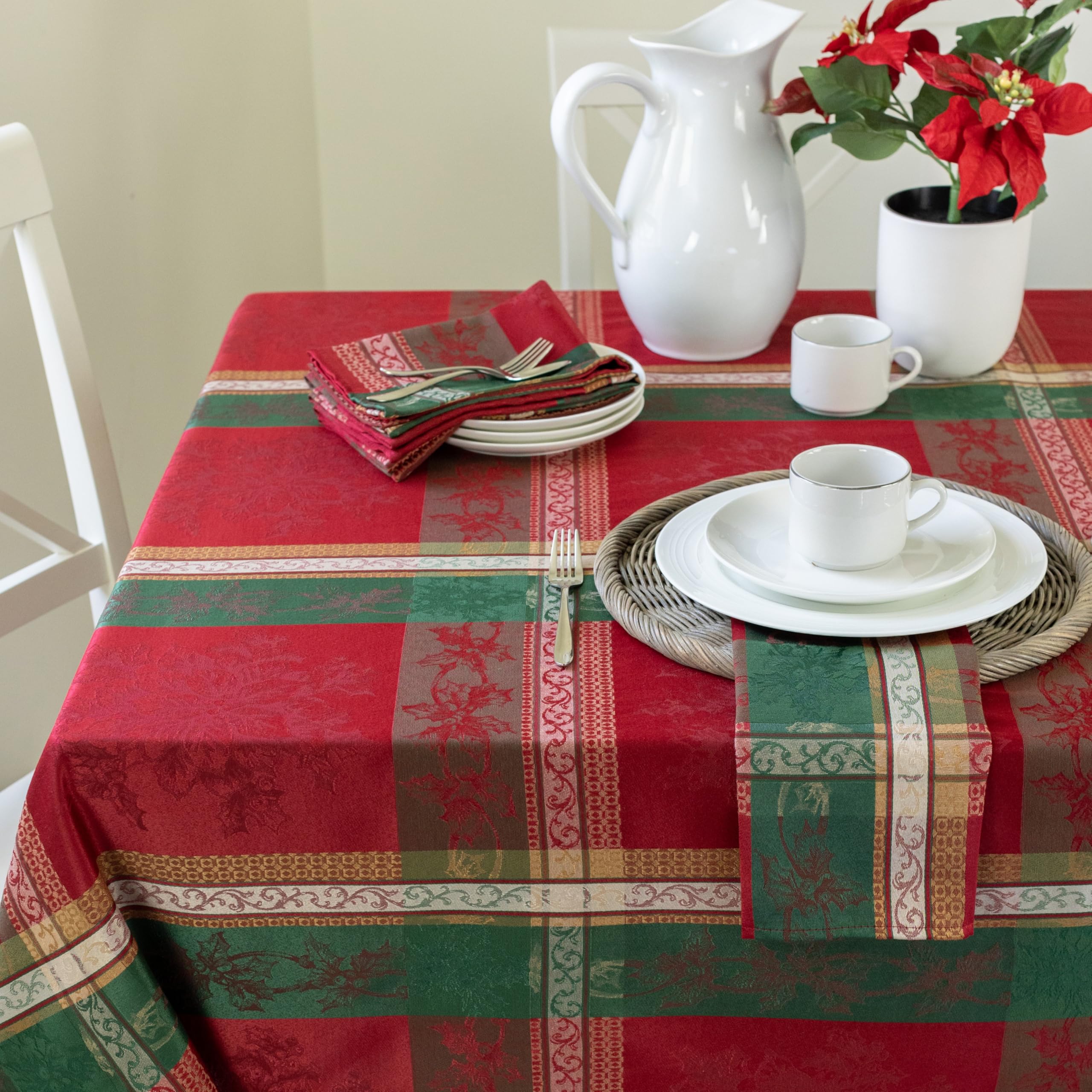 Traditional holiday colors elevate the table setting with plaid charm.