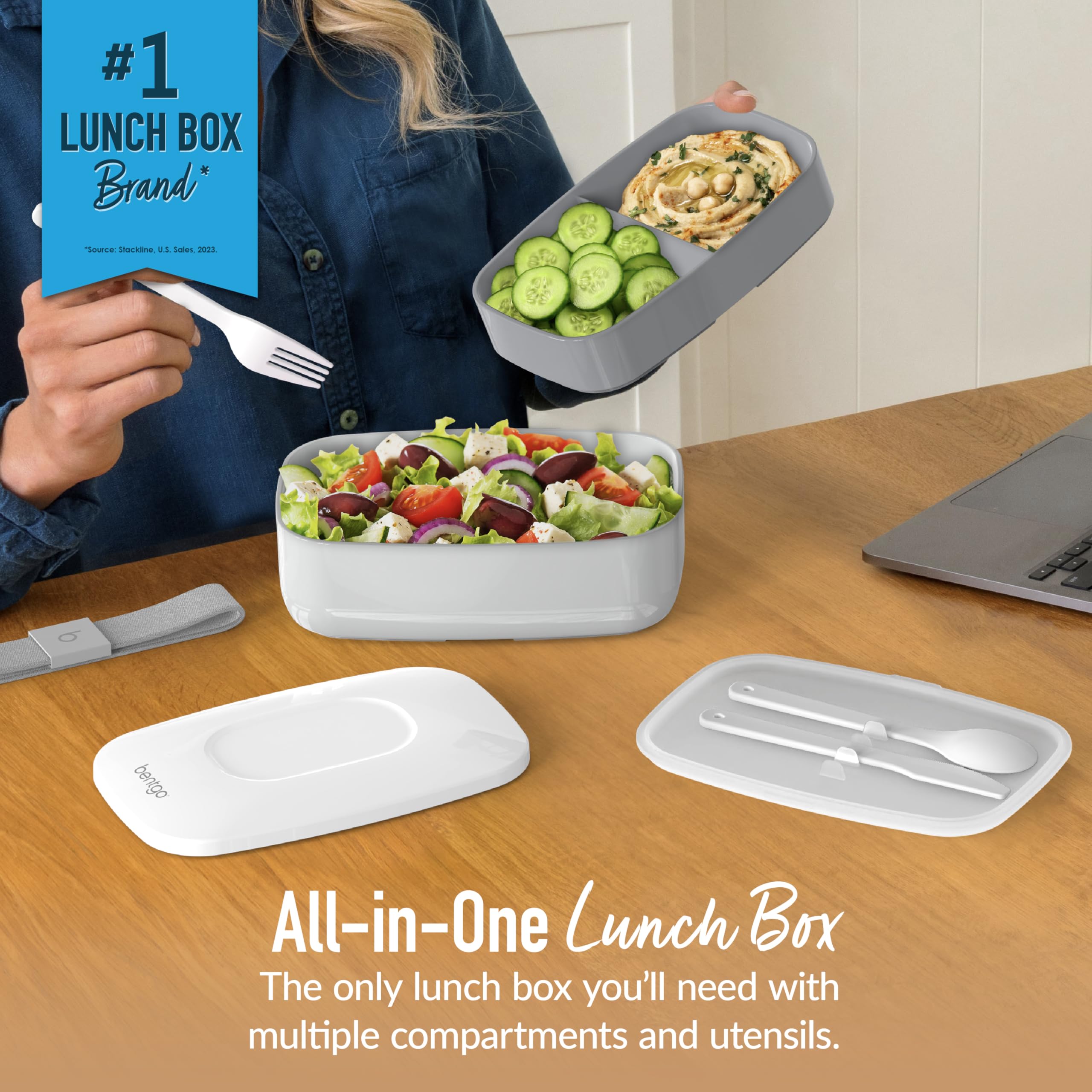Bentgo Classic gray bento open lid for easy meal access.