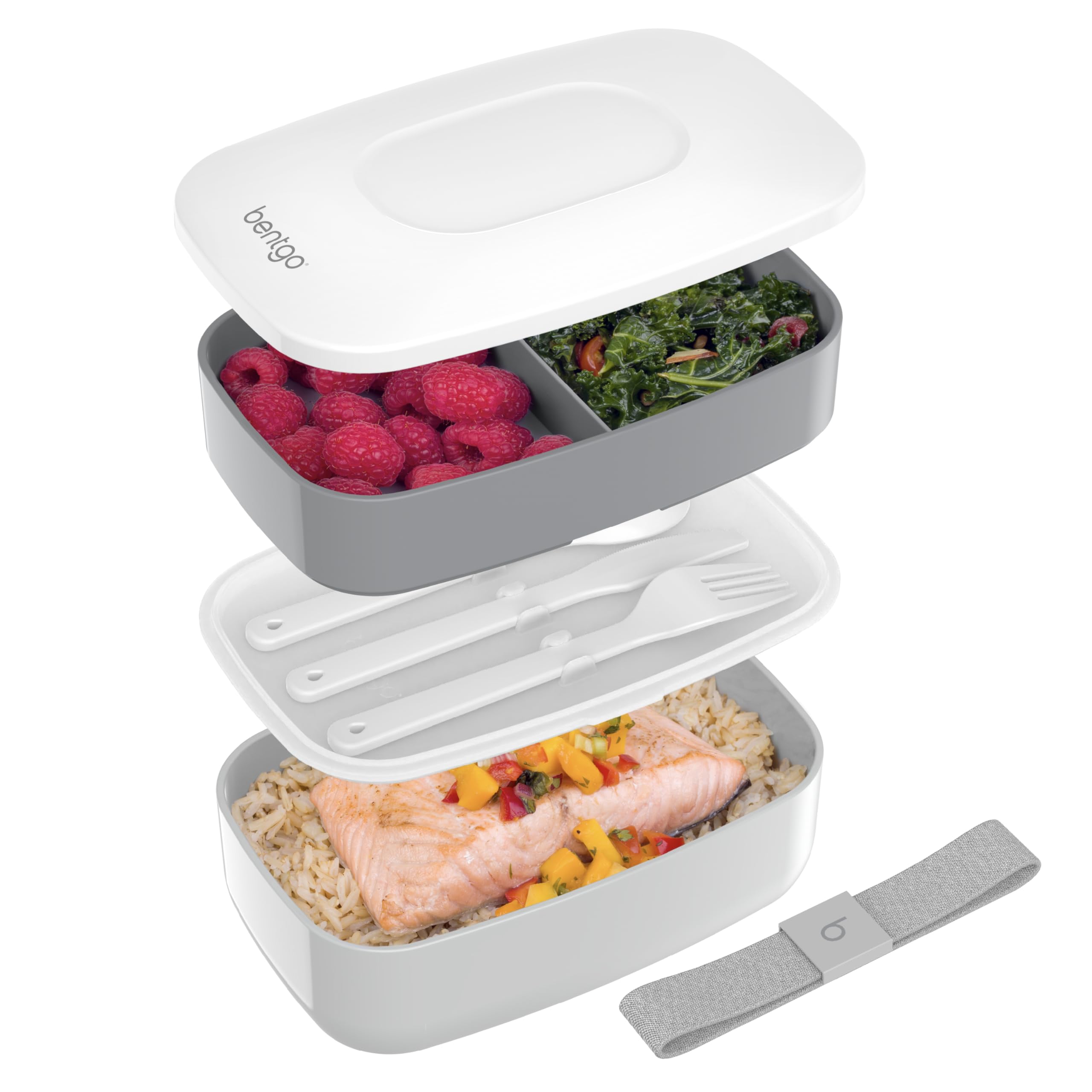 Bentgo Classic gray bento top view showing organized three compartments.