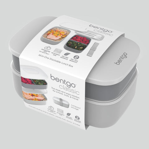 Bentgo Classic gray containers are microwave- and dishwasher-safe for easy cleanup.