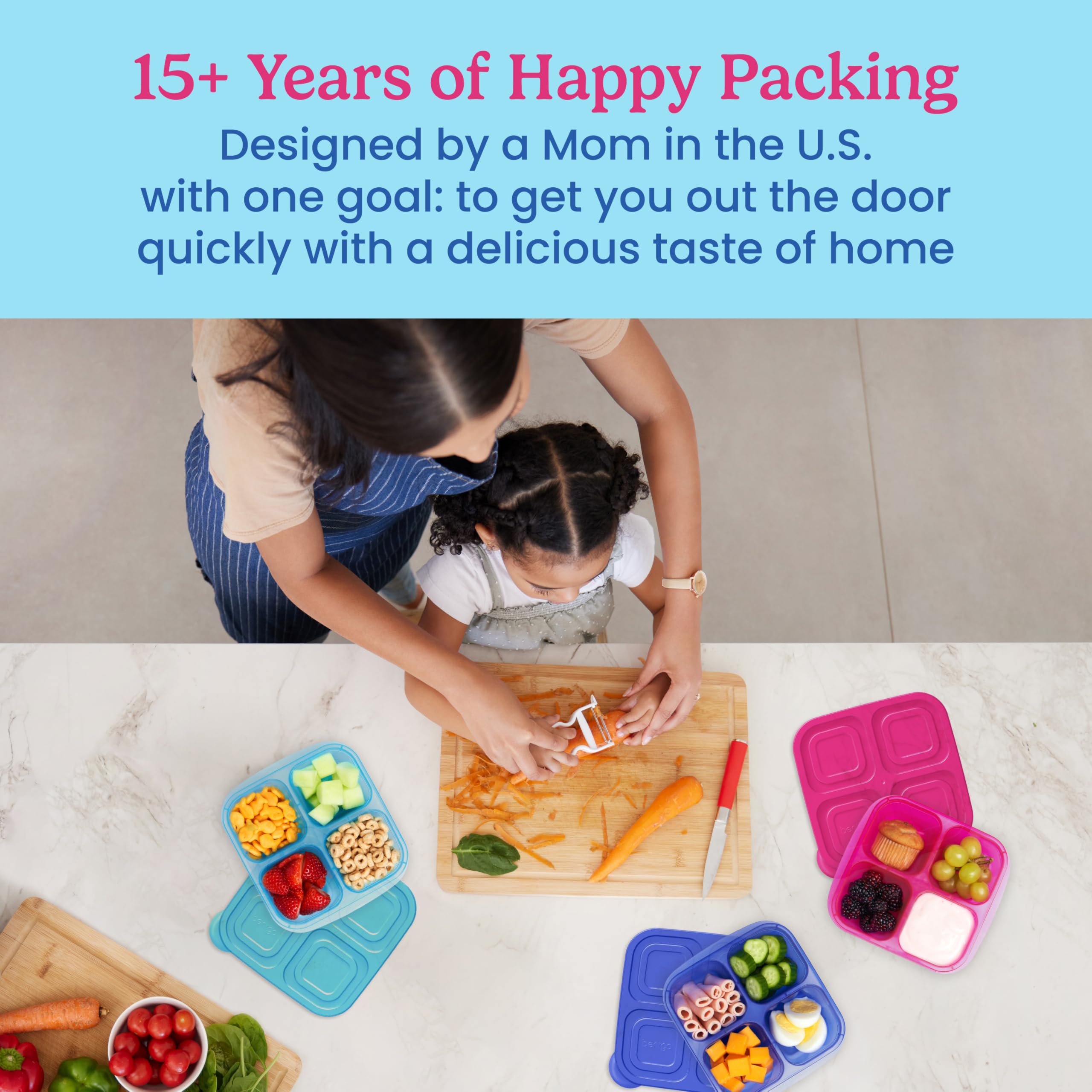 Bentgo Easyboxes freezer-safe stackable design saves space in freezer and pantry.