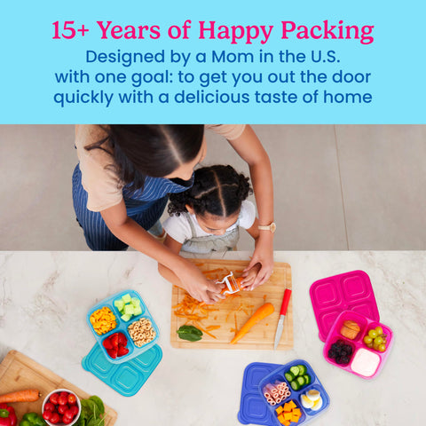 Bentgo Easyboxes freezer-safe stackable design saves space in freezer and pantry.