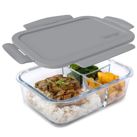 Bentgo Glass lunch box with airtight lid, leak-proof seal for mixed meals.