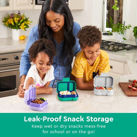 Bentgo Kids Snack silicone-seal reduces spills for mess-free lunches.