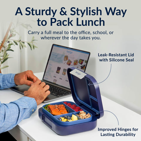 Bentgo Modern navy side view highlights secure locking clips for on-the-go transport