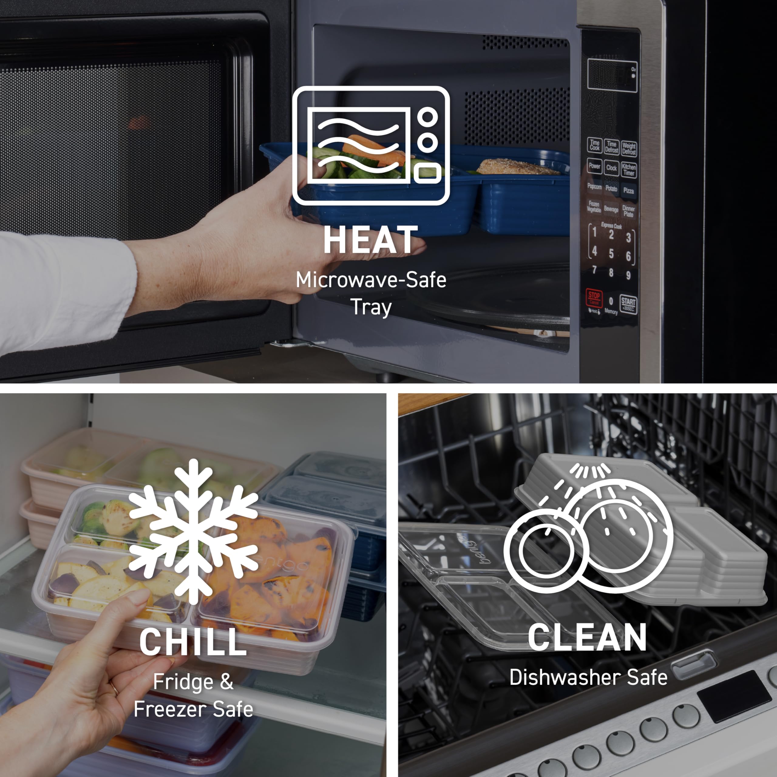 Bentgo Prep microwave, freezer, and dishwasher-safe trays simplify reheating and cleanup.
