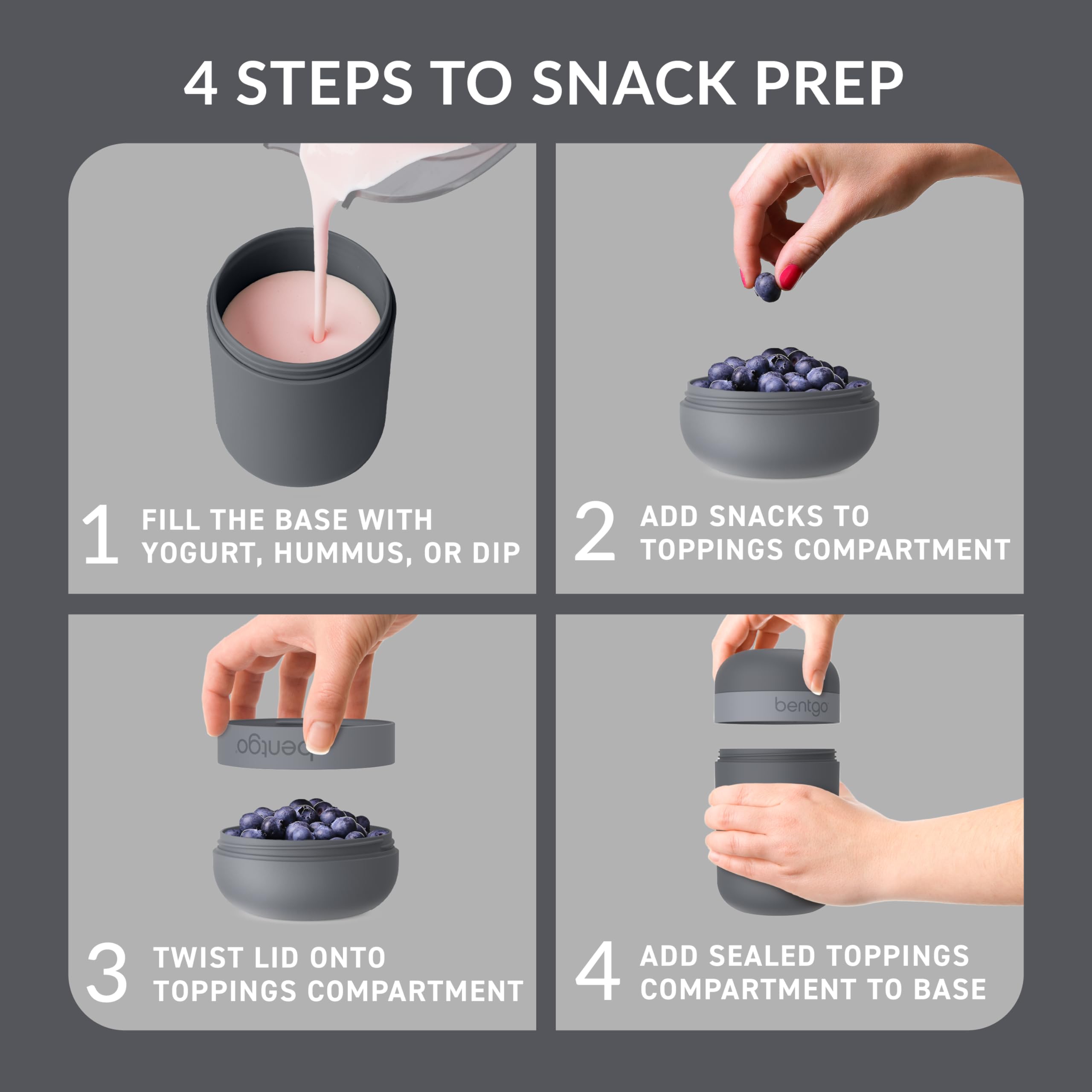 Bentgo Snack Cup dual-sealing lid prevents drips and mixes