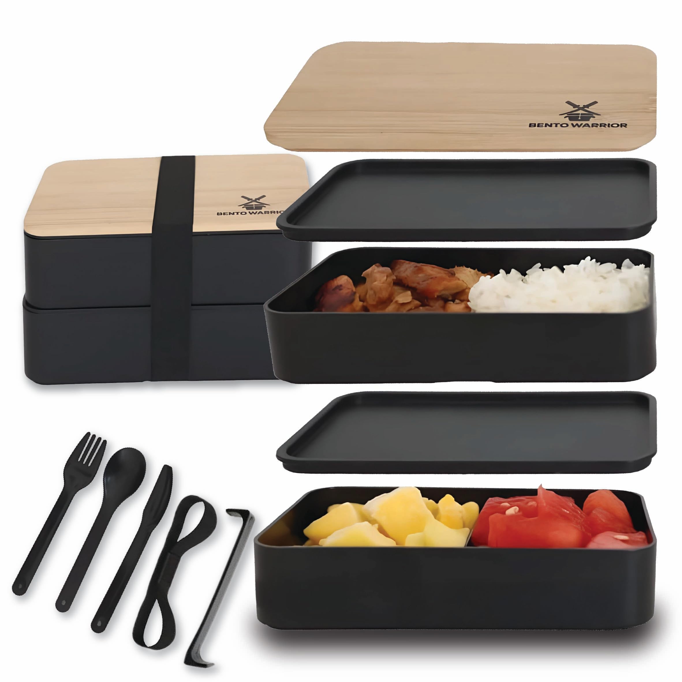 Bento Warrior dual-layer lunch box open with two compartments for balanced meals.