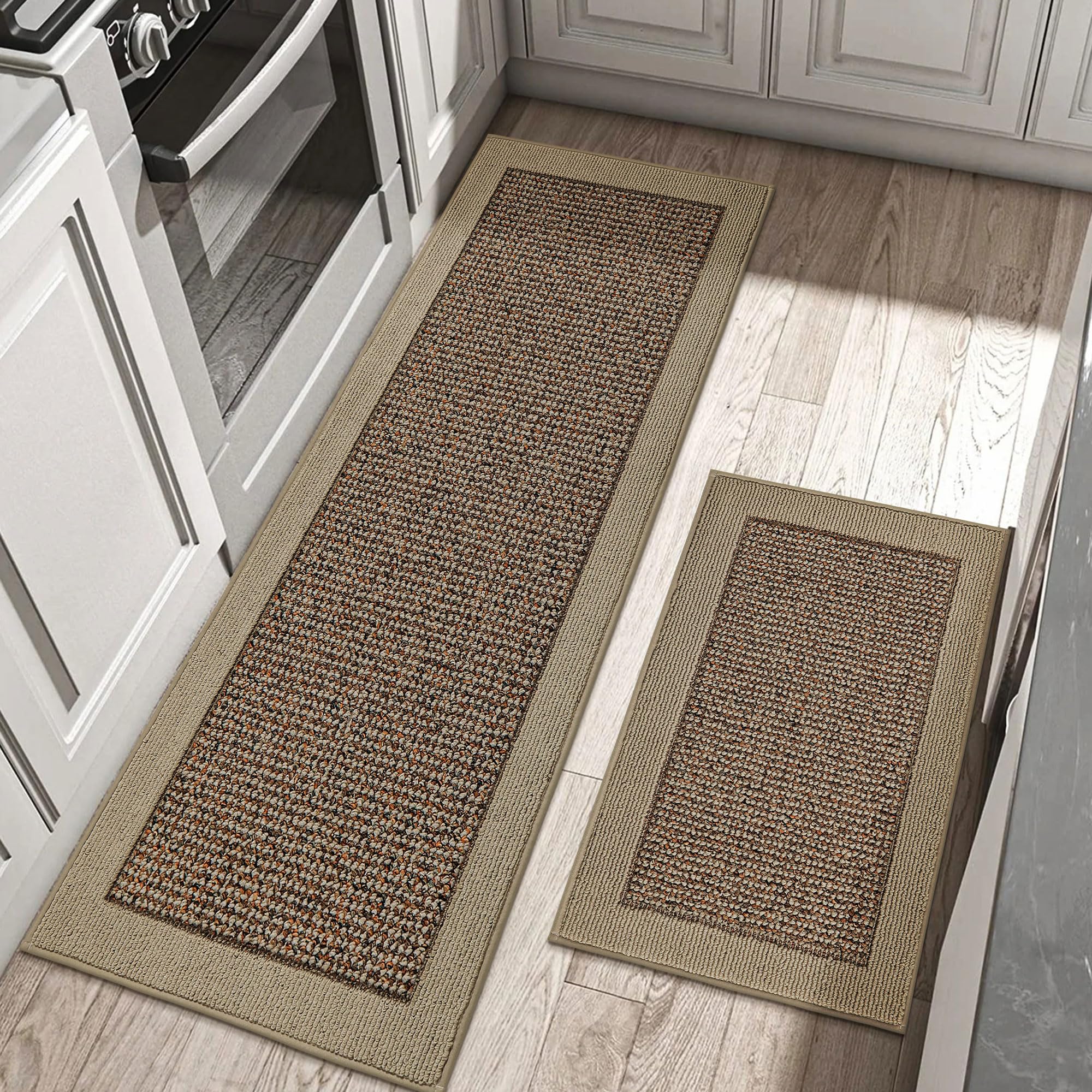 BEQHAUSE taupe color rug blends with neutral kitchen schemes