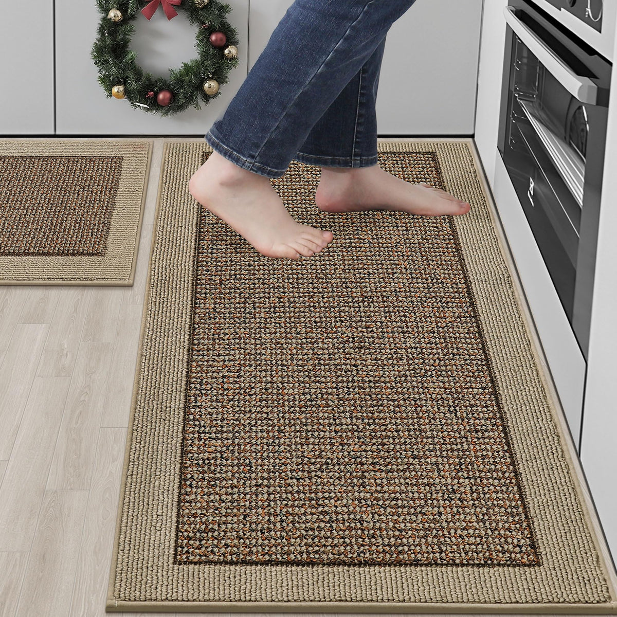 BEQHAUSE kitchen rugs with absorbent fibers trap spills for a cleaner floor.