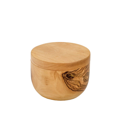 Berard olive wood salt keeper featuring a stainless steel hinge for durability.