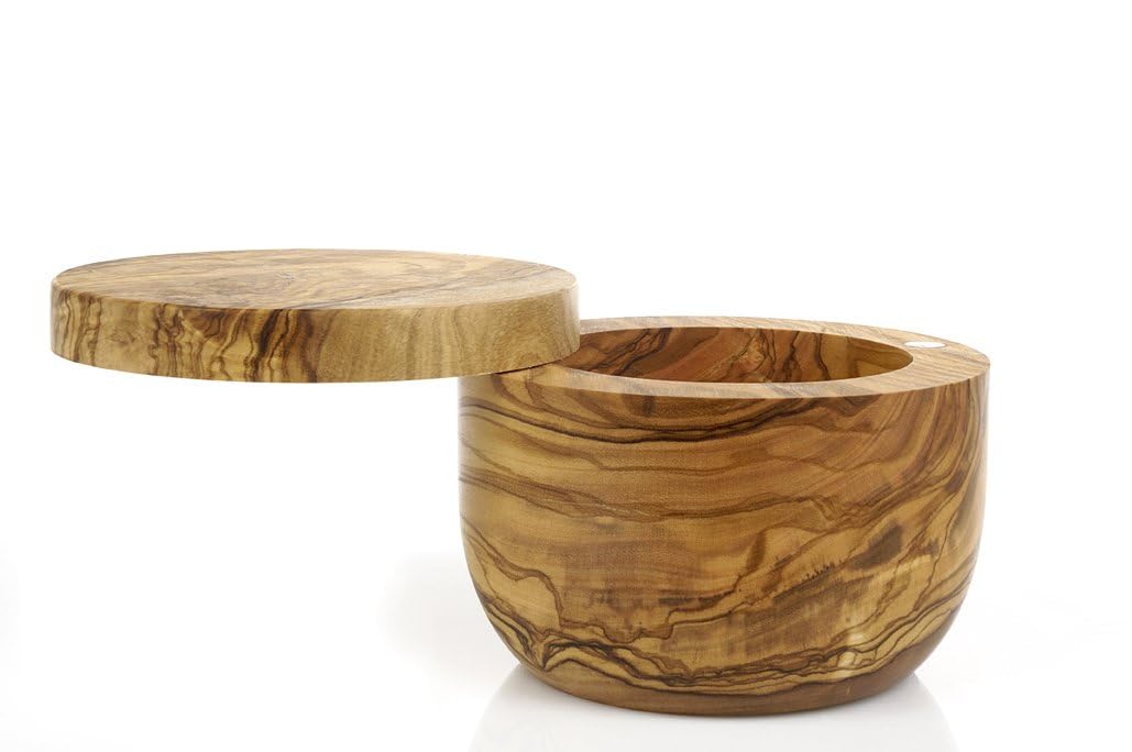 Berard handcrafted salt keeper in olive wood showing unique grain and warm kitchen charm.