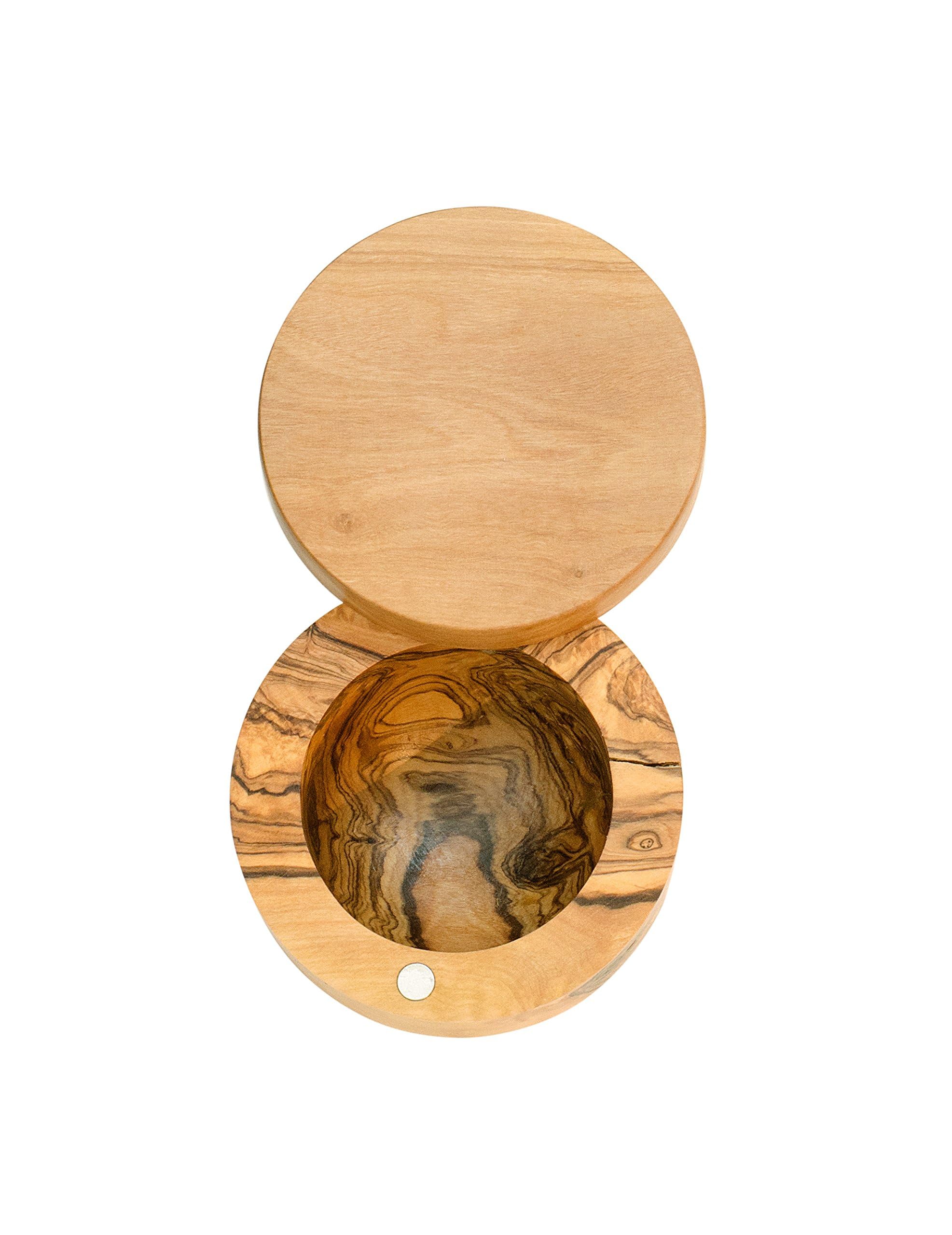 Berard salt keeper with magnetic lid on olive wood, convenient one-handed access during cooking.