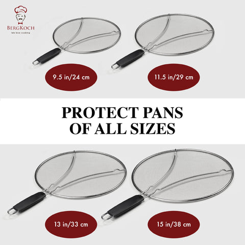 BergKoch splatter screen in use during bacon sizzle to prevent splatter