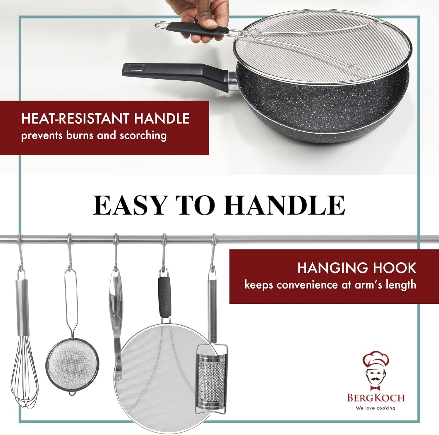 Plastic handle stays cooler during frying with BergKoch splatter screen